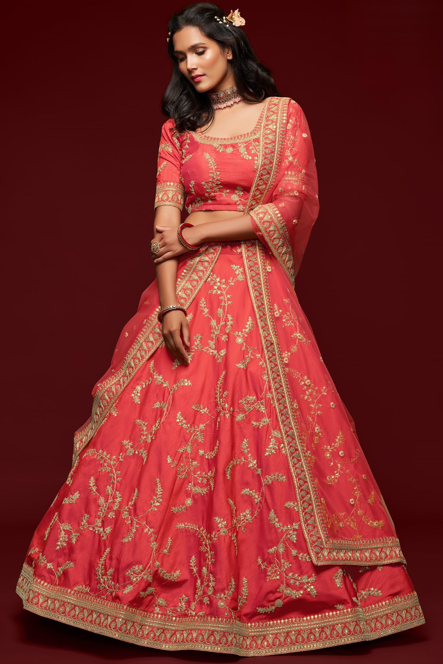 Reddish Pink Embroidered Lehenga with Art Silk Choli Dori Zari Work
