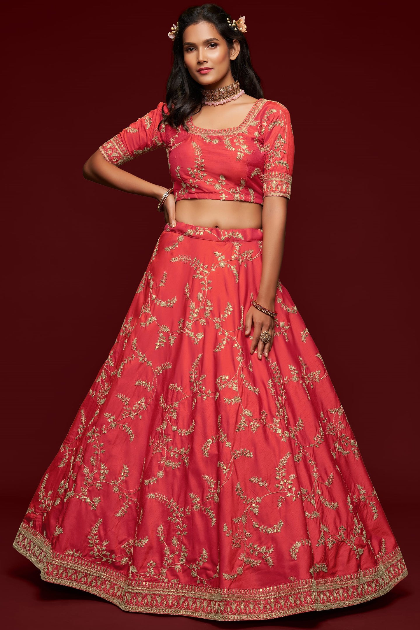 Reddish Pink Embroidered Lehenga with Art Silk Choli Dori Zari Work