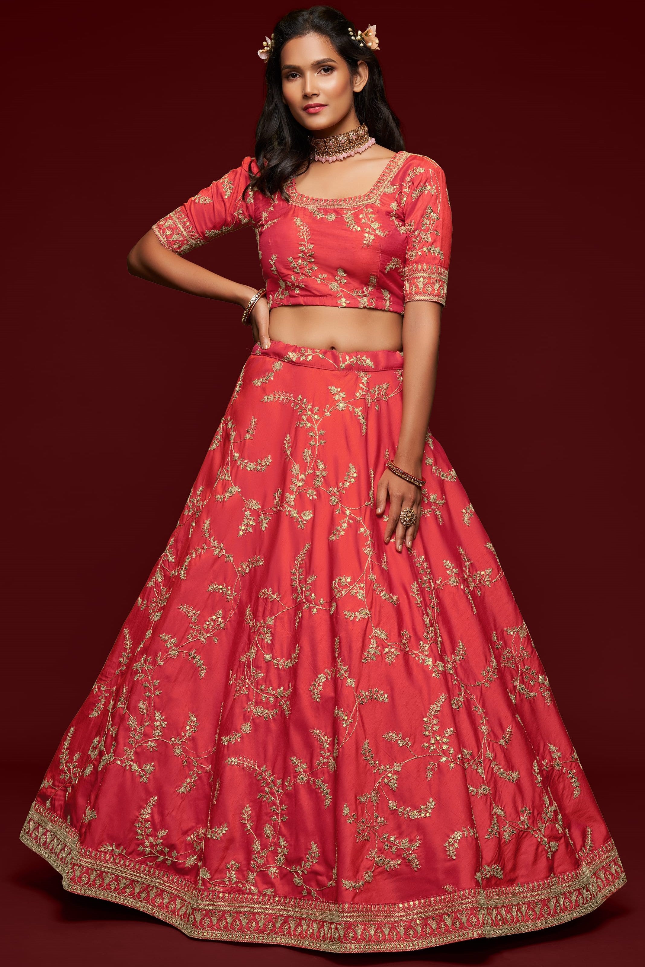 Reddish Pink Embroidered Lehenga with Art Silk Choli Dori Zari Work
