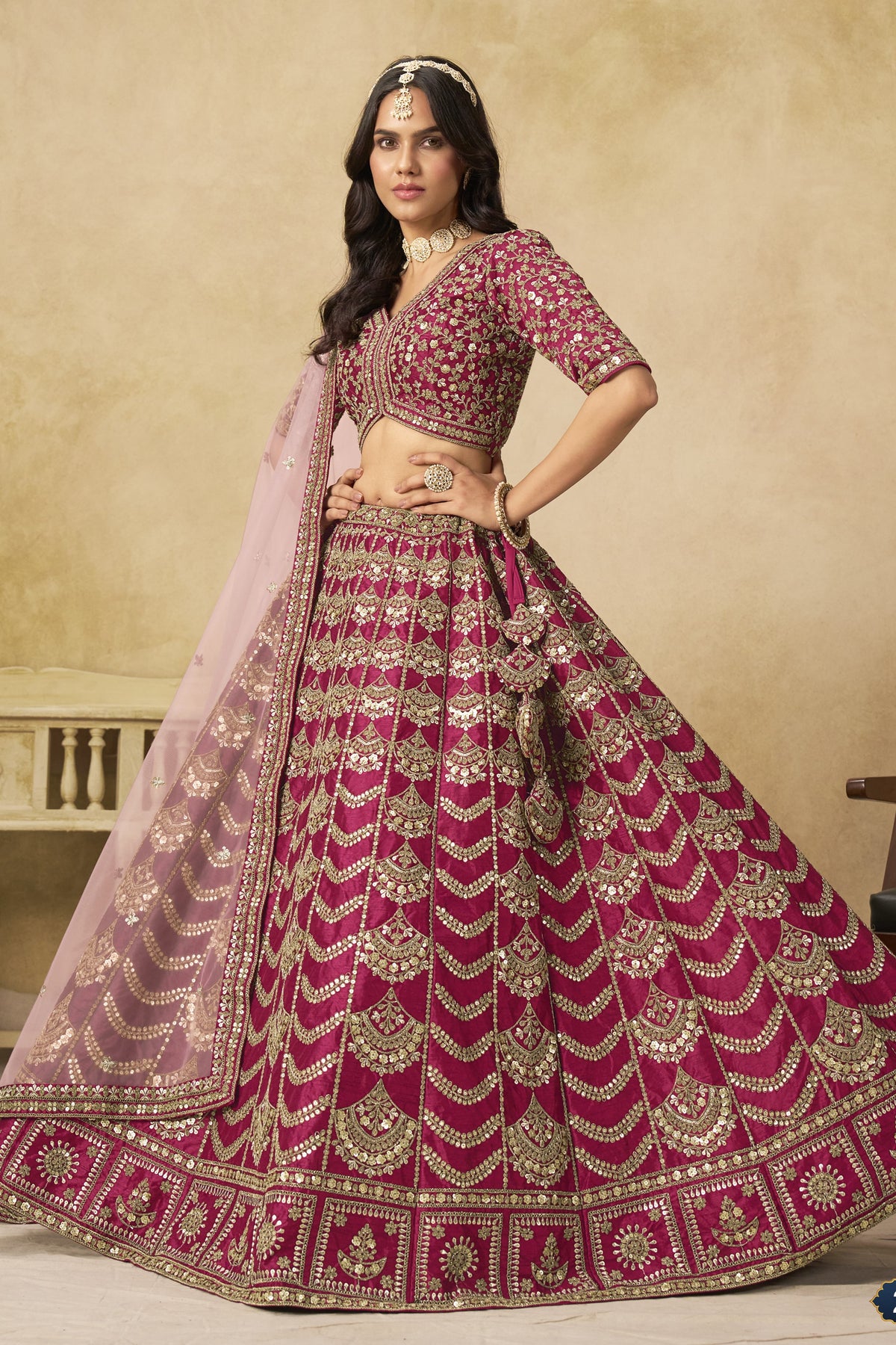 Reddish Pink Art Silk Lehenga Choli for Indian & Pakistani Wedding Festival - Thread & Sequin Embroidery Work