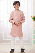 Rose Gold Art Silk 2 Piece Kids Wear Boys Suit Long Kurta Pajama for Kids for Festivals & Wedding - Embroidery Work