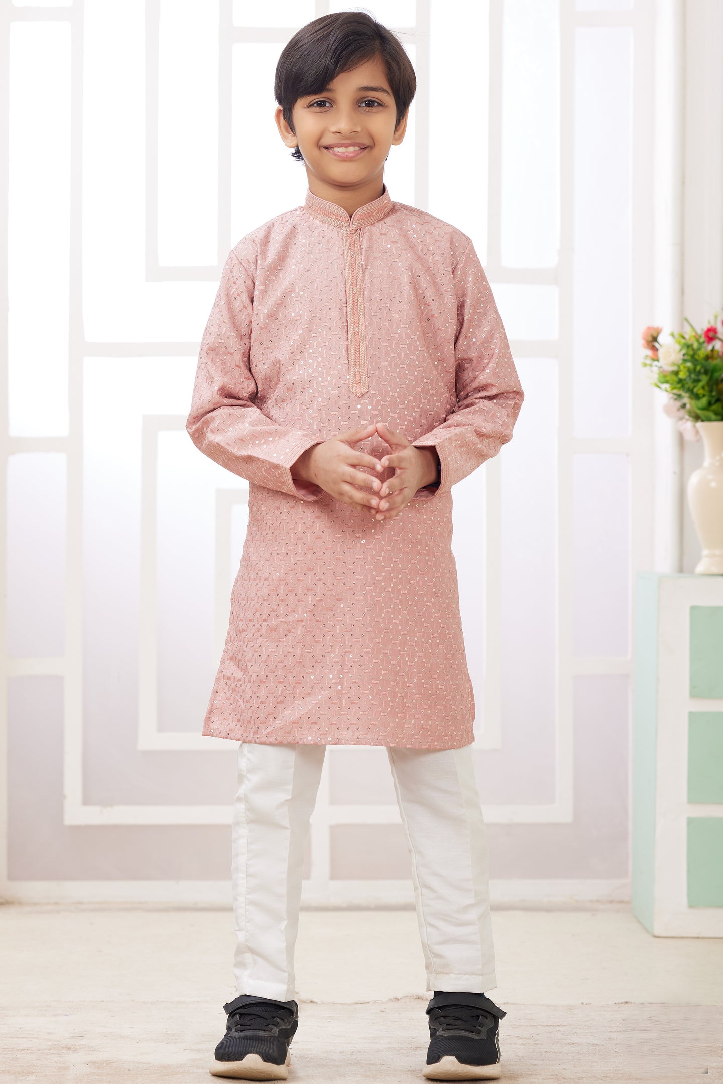 Rose Gold Art Silk 2 Piece Kids Wear Boys Suit Long Kurta Pajama for Kids for Festivals & Wedding - Embroidery Work