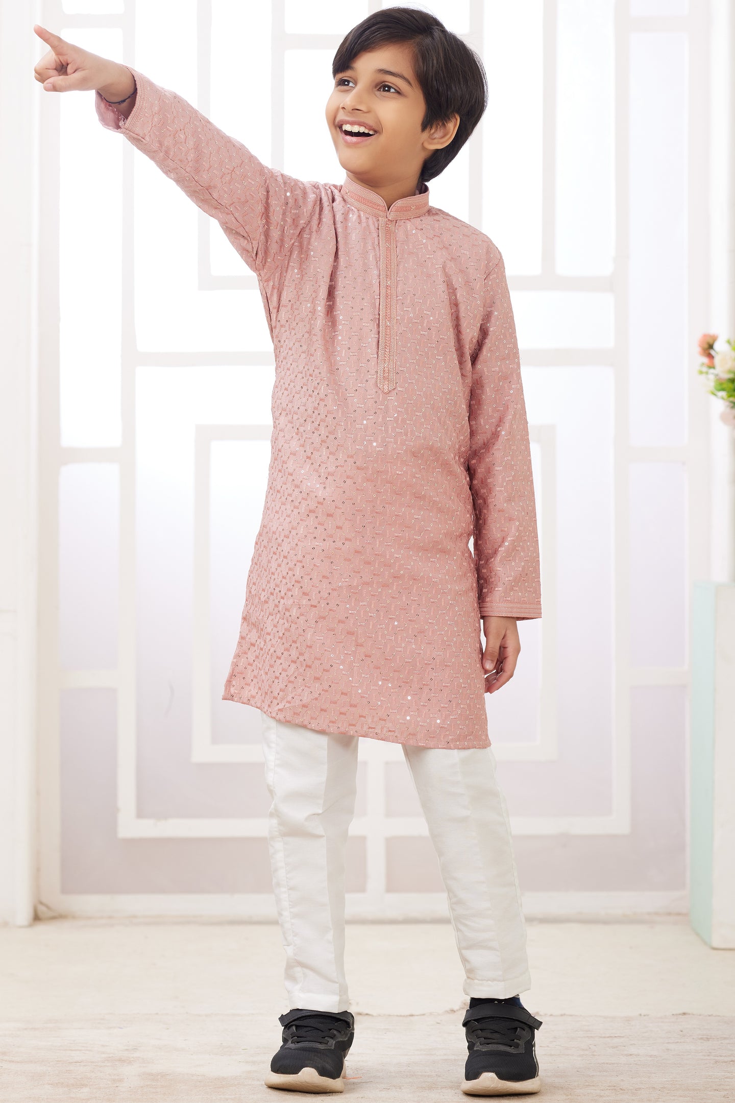 Rose Gold Art Silk 2 Piece Kids Wear Boys Suit Long Kurta Pajama for Kids for Festivals & Wedding - Embroidery Work
