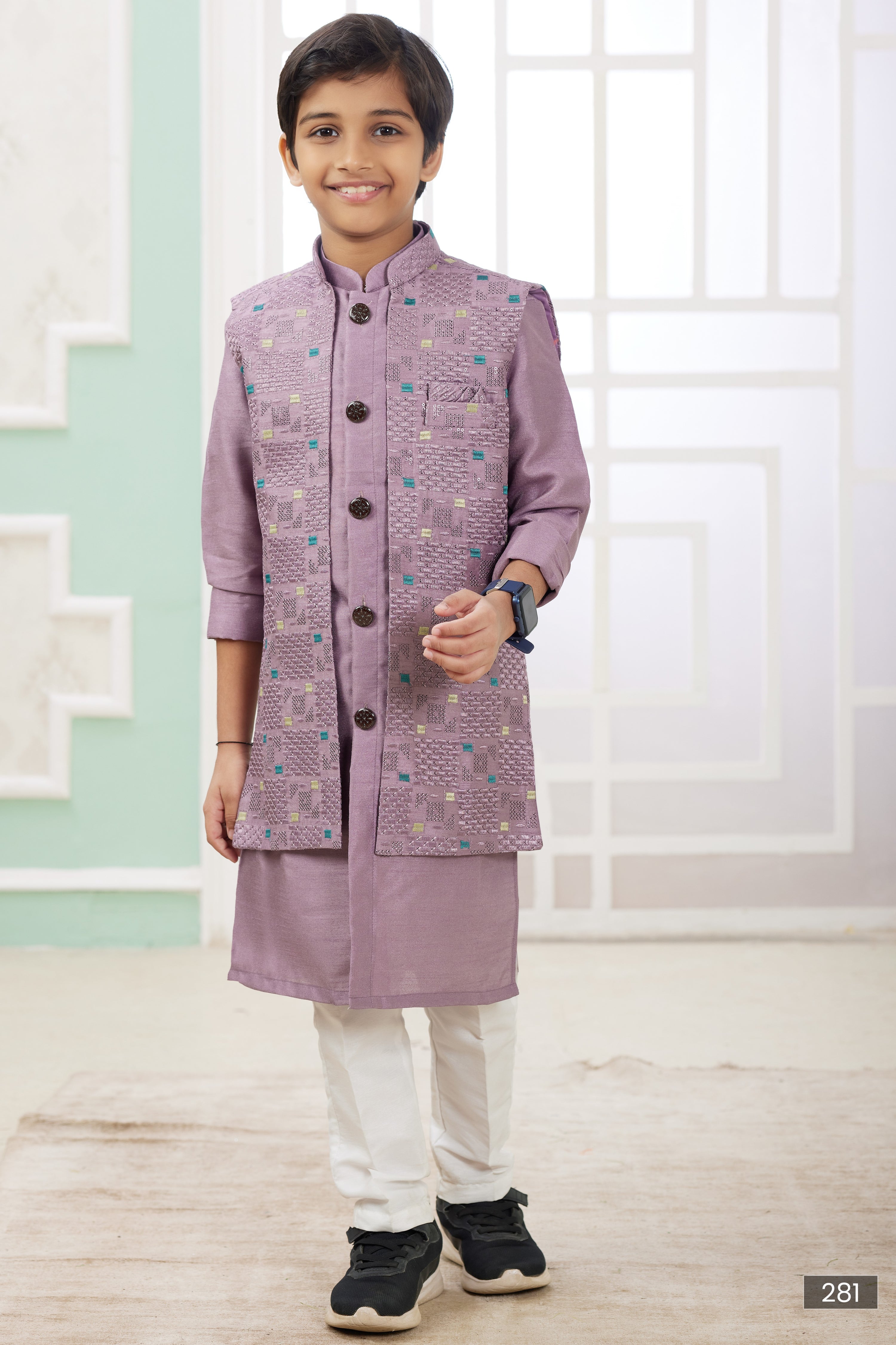 Rose Gold Art Silk 3 Piece Kids Wear Boys Suit Kurta Pajama with Waistcoat Nehru Jacket for Kids for Festivals & Wedding - Embroidery Work