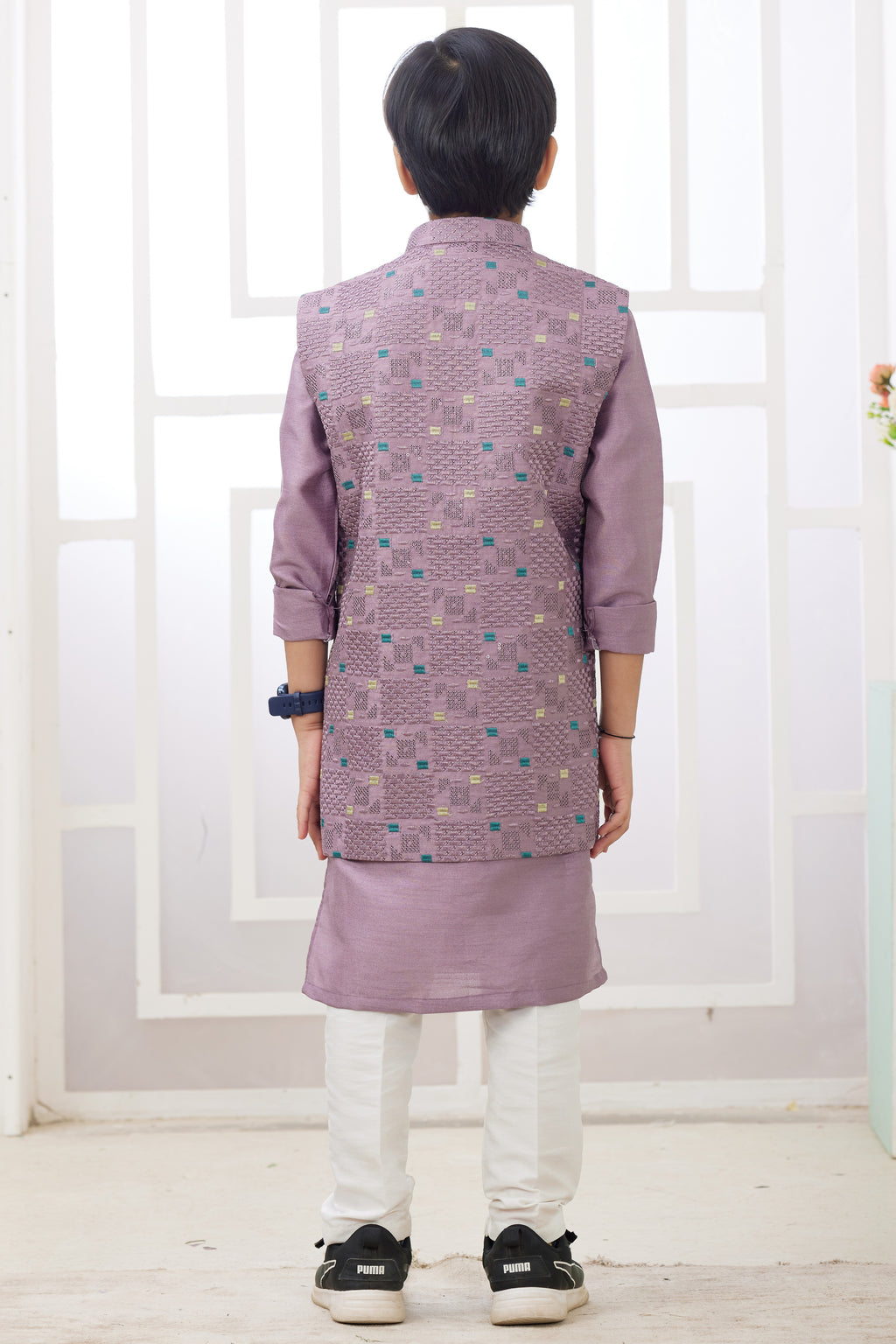 Rose Gold Art Silk 3 Piece Kids Wear Boys Suit Kurta Pajama with Waistcoat Nehru Jacket for Kids for Festivals & Wedding - Embroidery Work