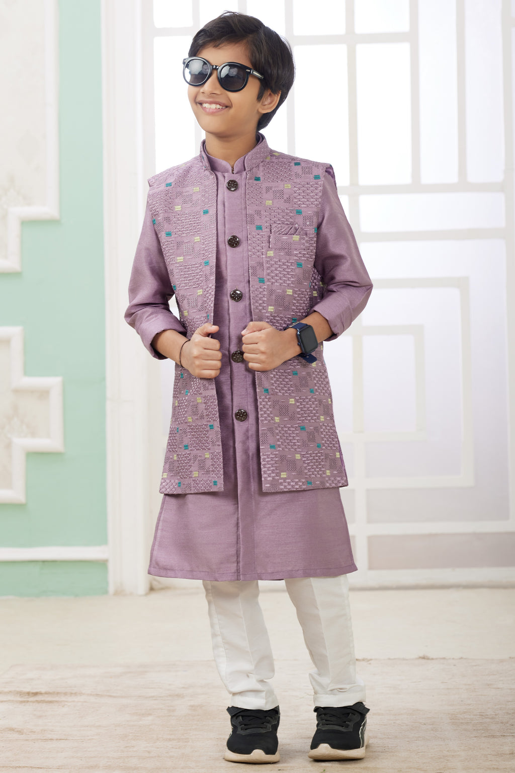 Rose Gold Art Silk 3 Piece Kids Wear Boys Suit Kurta Pajama with Waistcoat Nehru Jacket for Kids for Festivals & Wedding - Embroidery Work