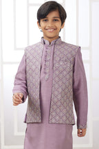 Rose Gold Art Silk 3 Piece Kids Wear Boys Suit Kurta Pajama with Waistcoat Nehru Jacket for Kids for Festivals & Wedding - Embroidery Work