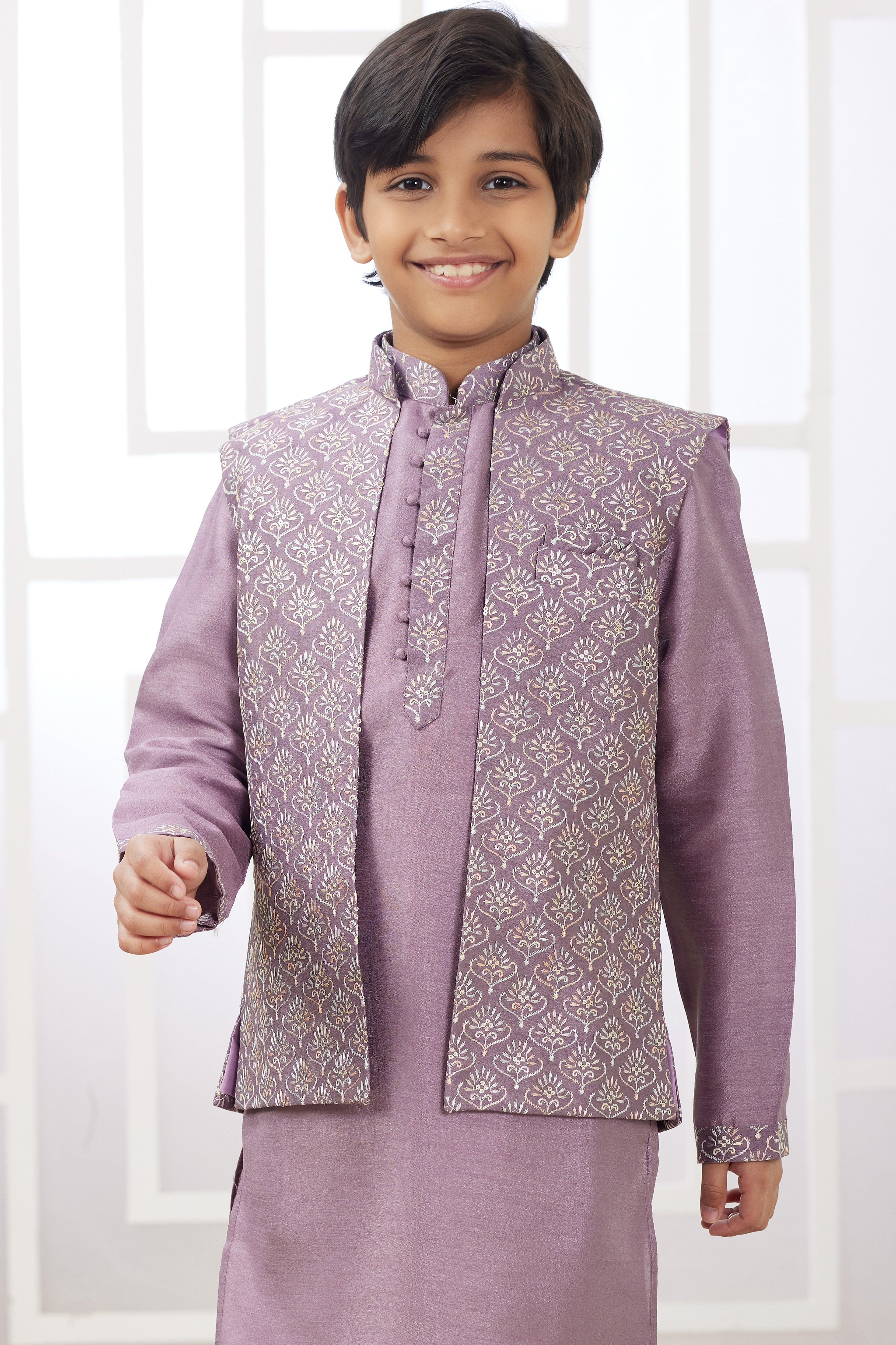 Rose Gold Art Silk 3 Piece Kids Wear Boys Suit Kurta Pajama with Waistcoat Nehru Jacket for Kids for Festivals & Wedding - Embroidery Work