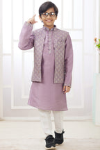 Rose Gold Art Silk 3 Piece Kids Wear Boys Suit Kurta Pajama with Waistcoat Nehru Jacket for Kids for Festivals & Wedding - Embroidery Work