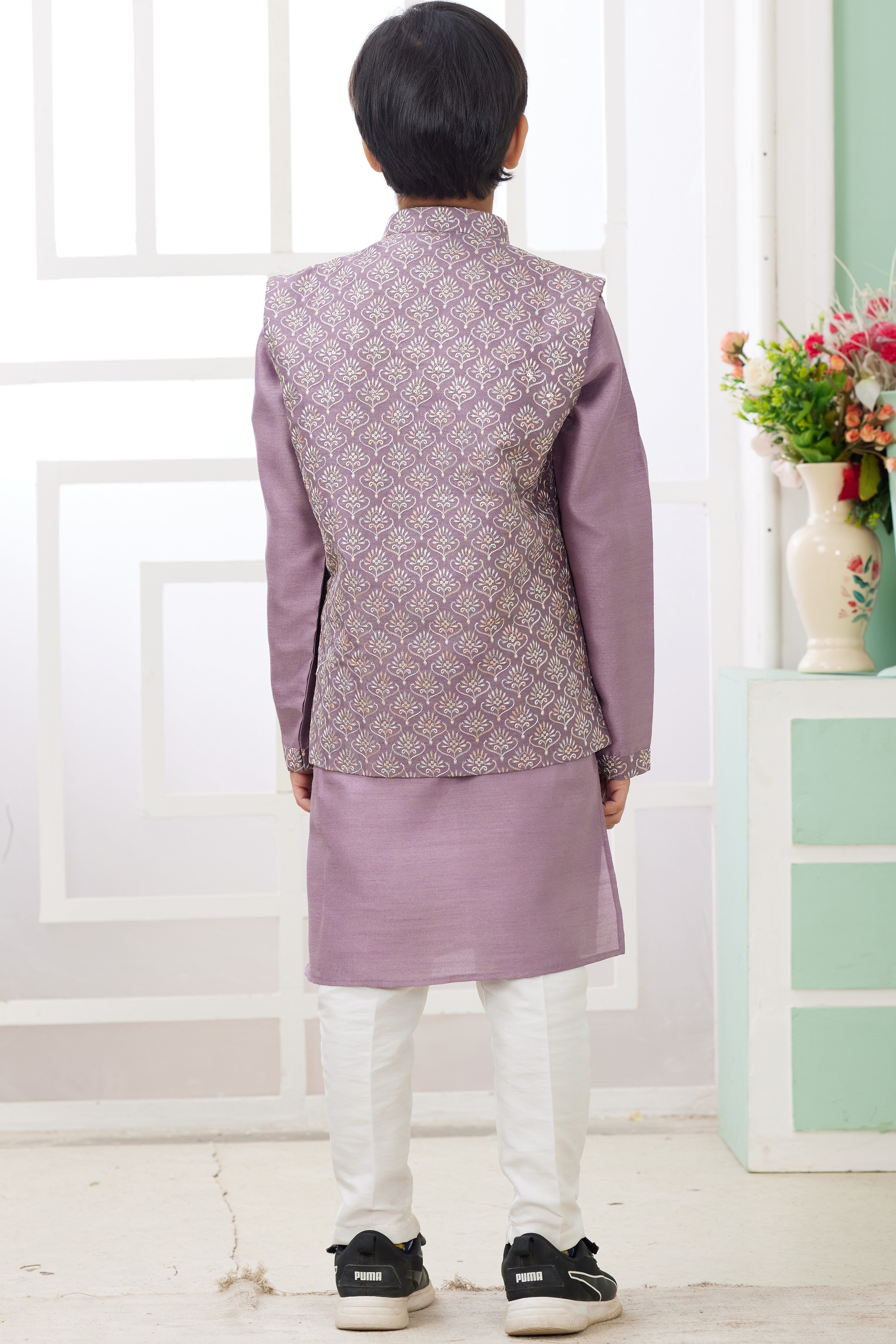 Rose Gold Art Silk 3 Piece Kids Wear Boys Suit Kurta Pajama with Waistcoat Nehru Jacket for Kids for Festivals & Wedding - Embroidery Work