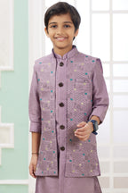 Rose Gold Art Silk 3 Piece Kids Wear Boys Suit Kurta Pajama with Waistcoat Nehru Jacket for Kids for Festivals & Wedding - Embroidery Work