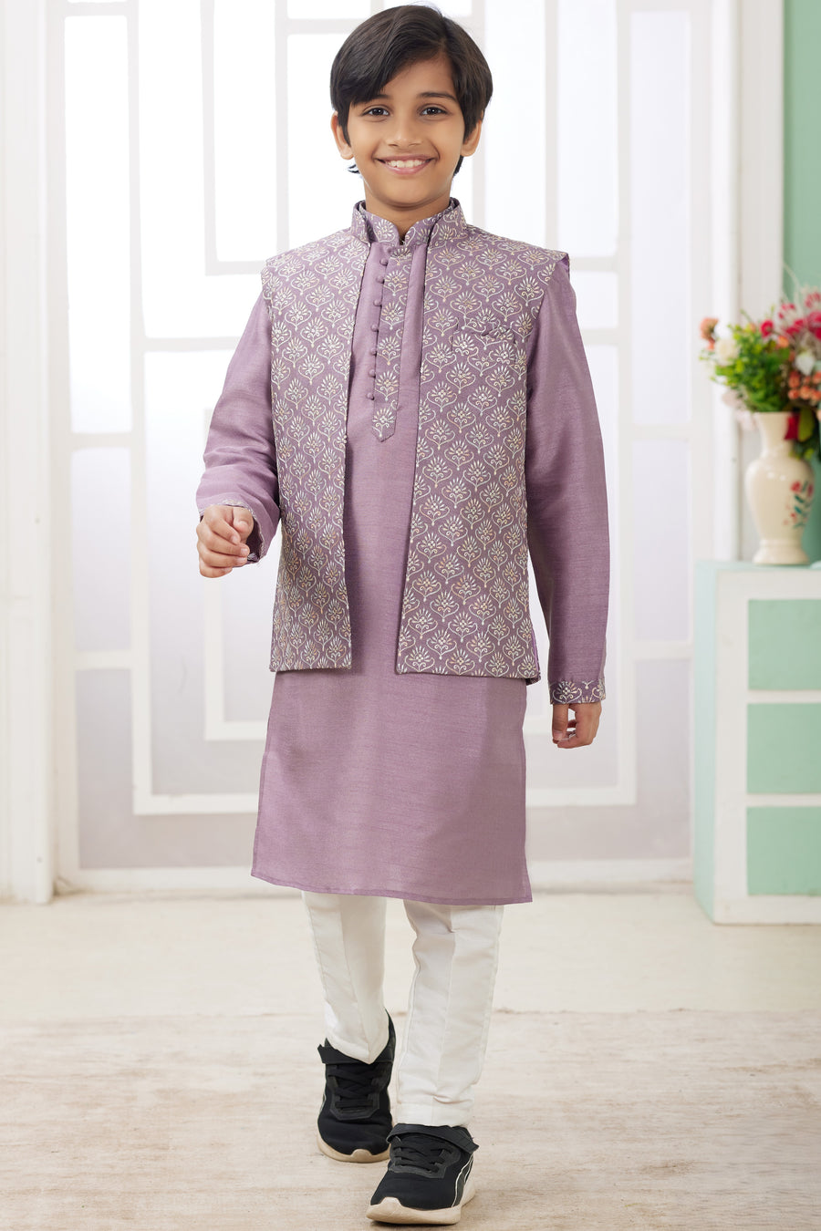 Rose Gold Art Silk 3 Piece Kids Wear Boys Suit Kurta Pajama with Waistcoat Nehru Jacket for Kids for Festivals & Wedding - Embroidery Work