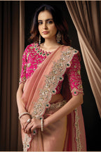 Rose Gold Pearl & Crystal Stone Handwork Saree for Wedding Guest