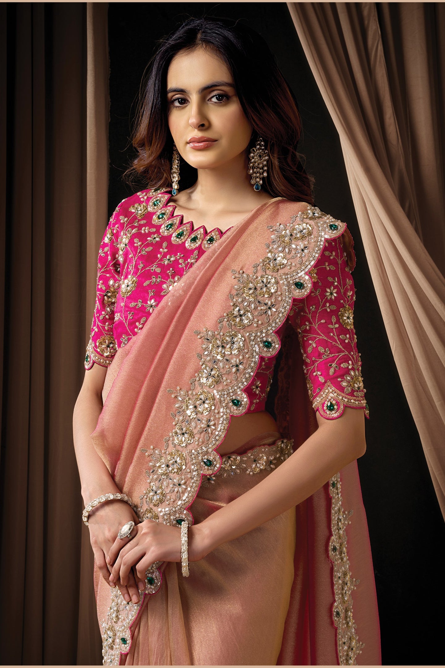 Rose Gold Pearl & Crystal Stone Handwork Saree for Wedding Guest