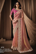 Rose Gold Pearl & Crystal Stone Handwork Saree for Wedding Guest
