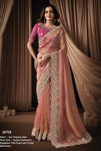 Rose Gold Pearl & Crystal Stone Handwork Saree for Wedding Guest