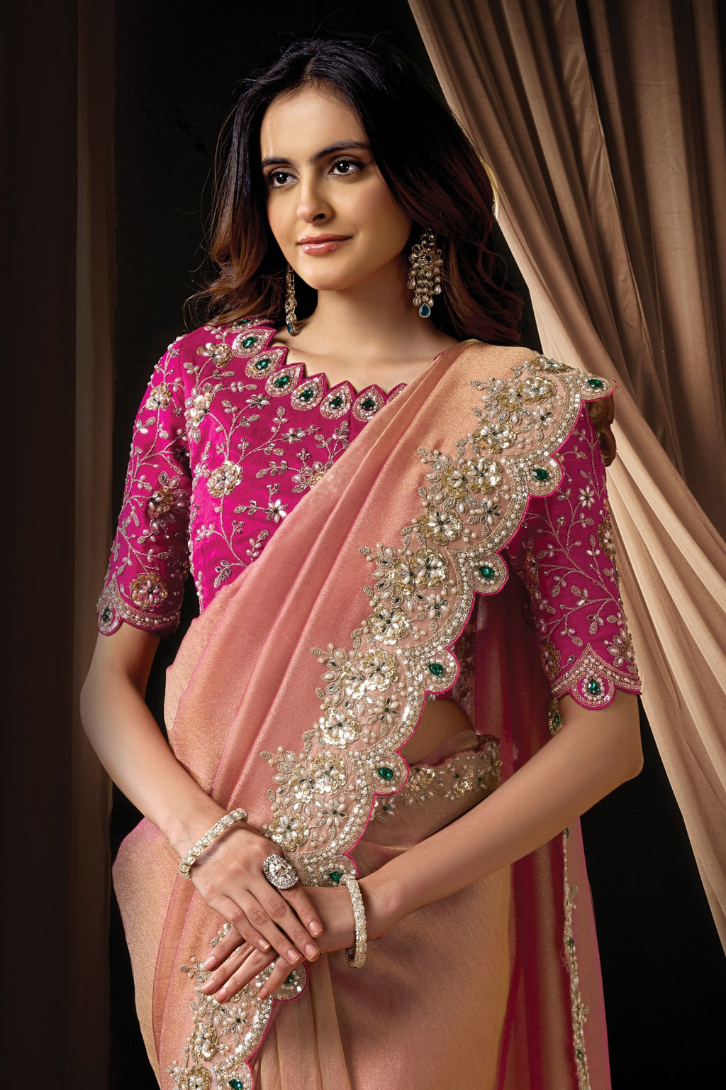 Rose Gold Pearl & Crystal Stone Handwork Saree for Wedding Guest