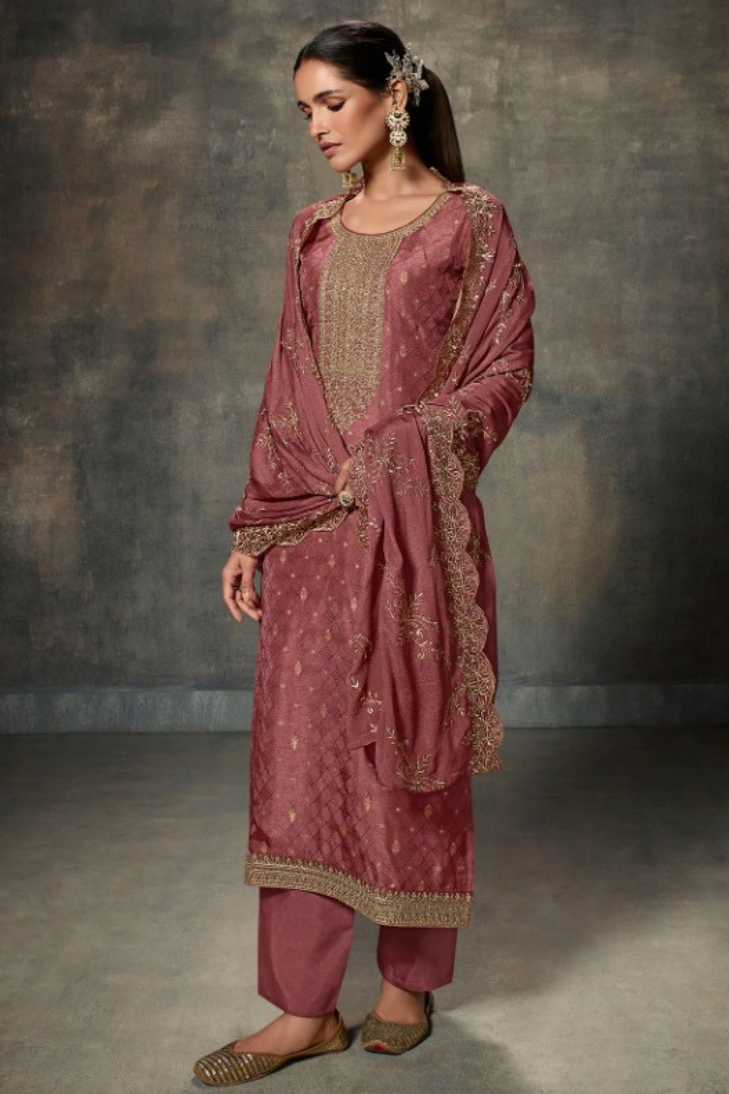 Rose Gold Viscose Kameez with Pant For Indian Suit Festivals & Pakistani Weddings - Embroidery Work