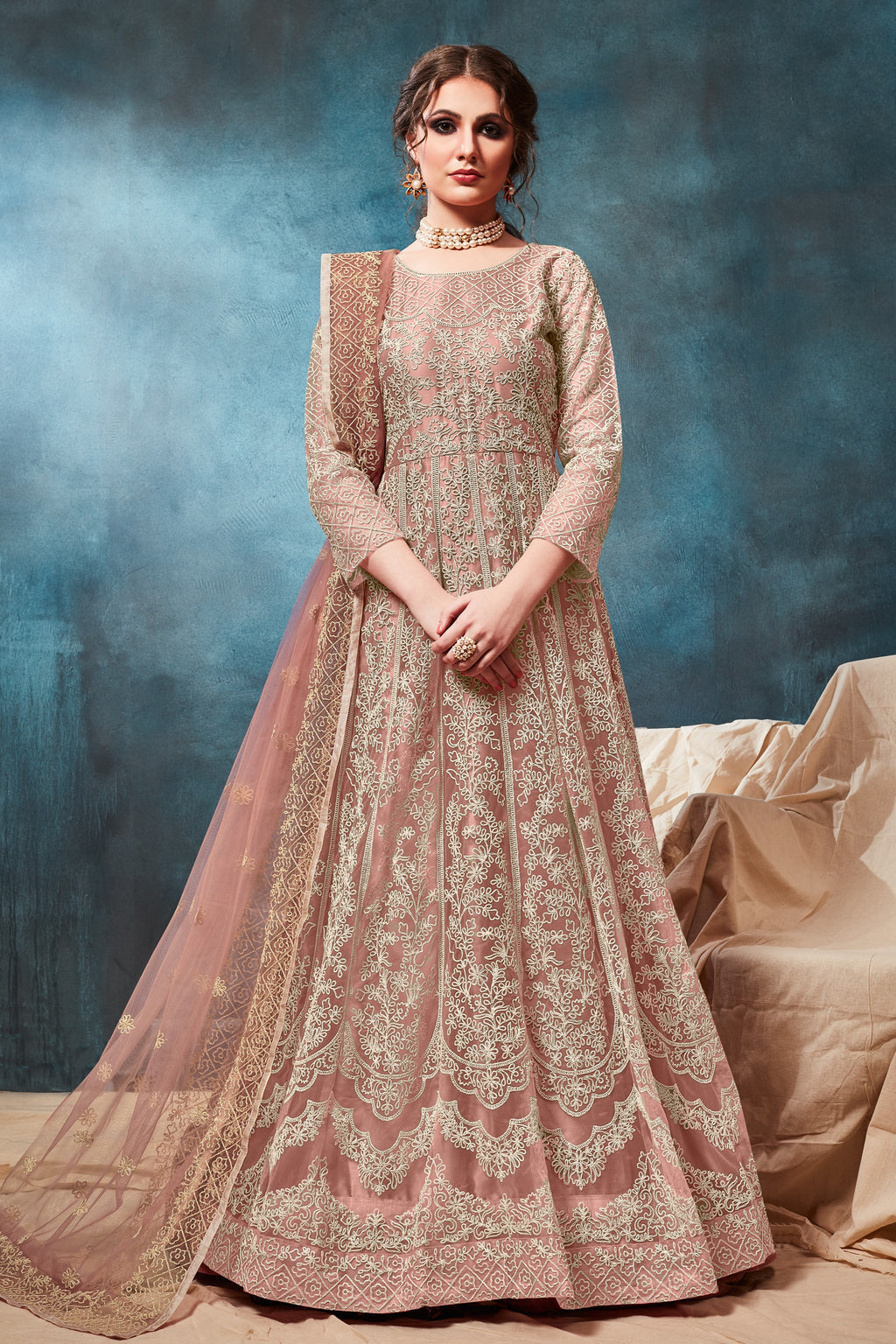 Rose Net Anarkali with Dori Embroidery Indian Dresses for Women