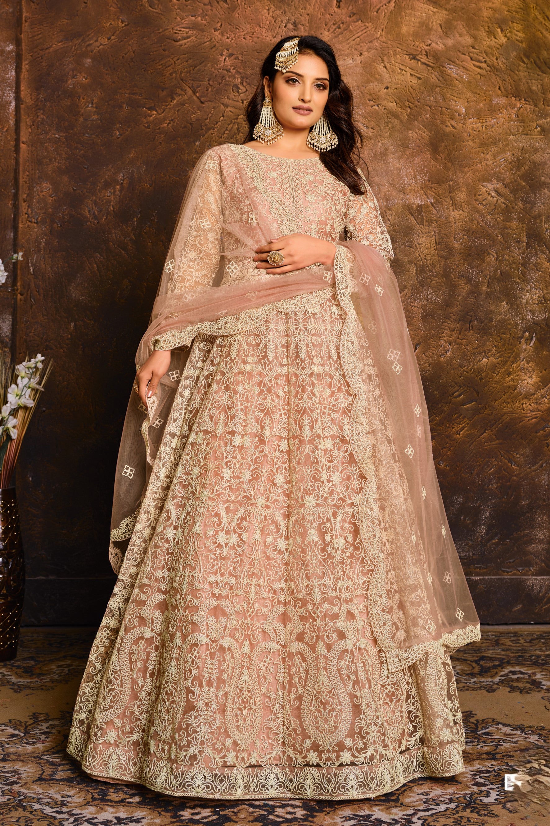 Rose Net Embroidery Anarkali Sangeet Outfits for Women