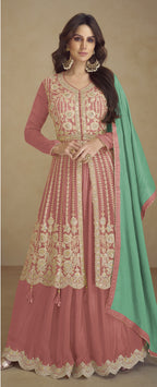 Rose Pink Chinon Silk Palazo for Sangeet with Thread Work