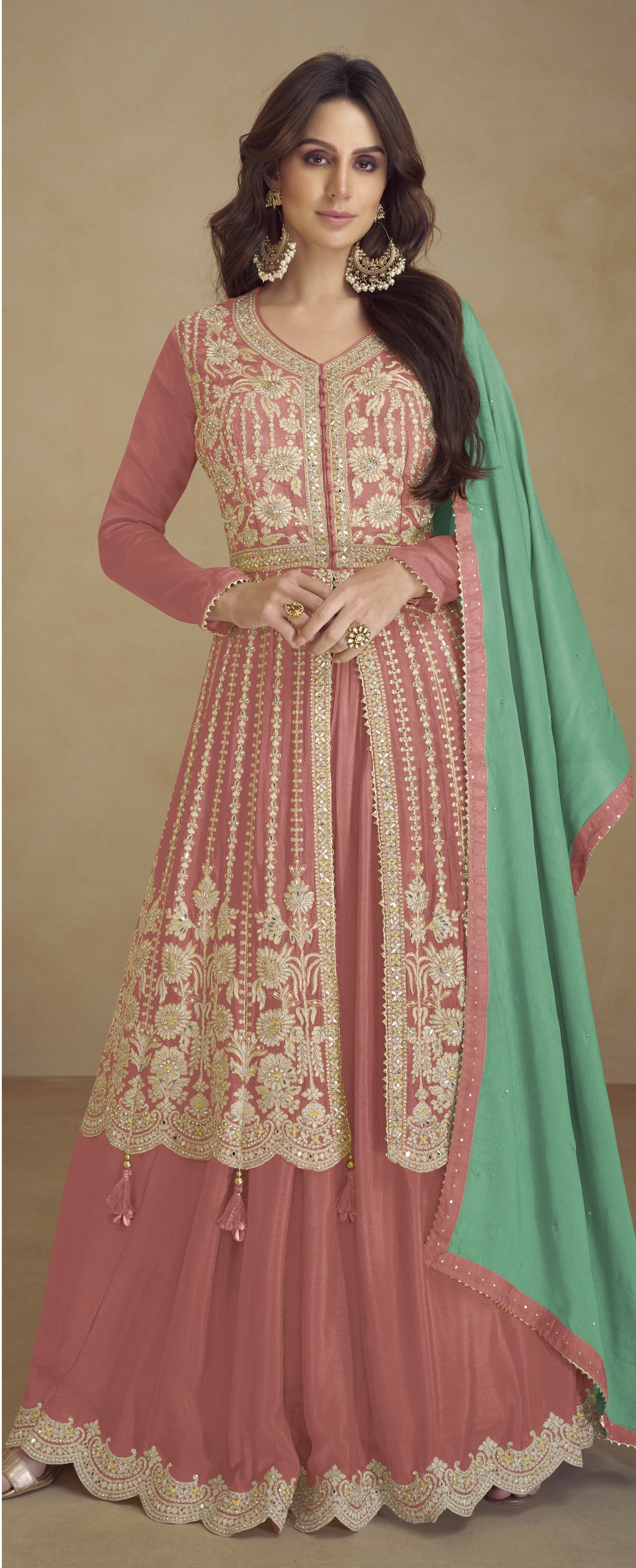 Rose Pink Chinon Silk Palazo for Sangeet with Thread Work