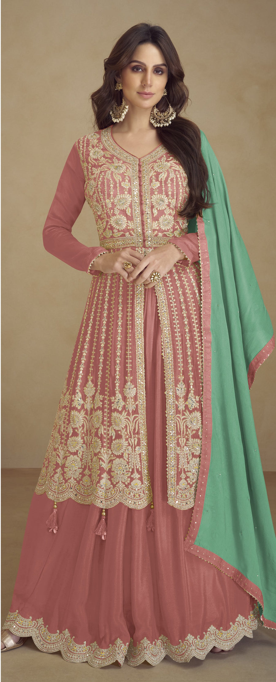 Rose Pink Chinon Silk Palazo for Sangeet with Thread Work