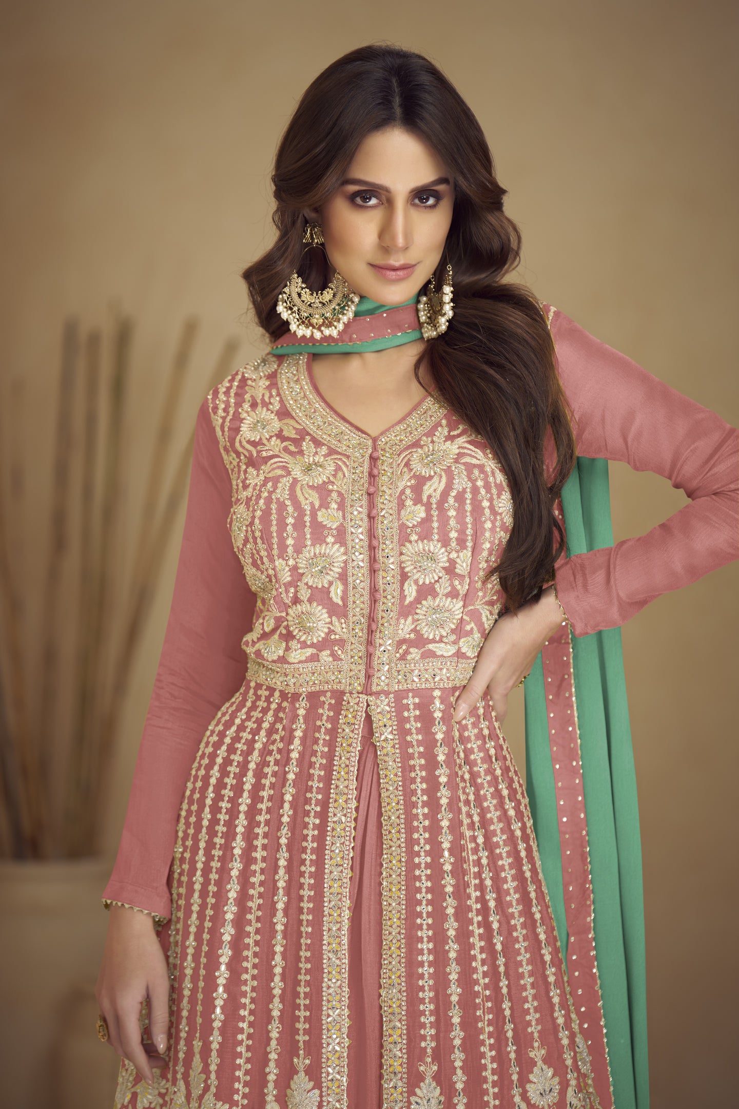 Rose Pink Chinon Silk Palazo for Sangeet with Thread Work