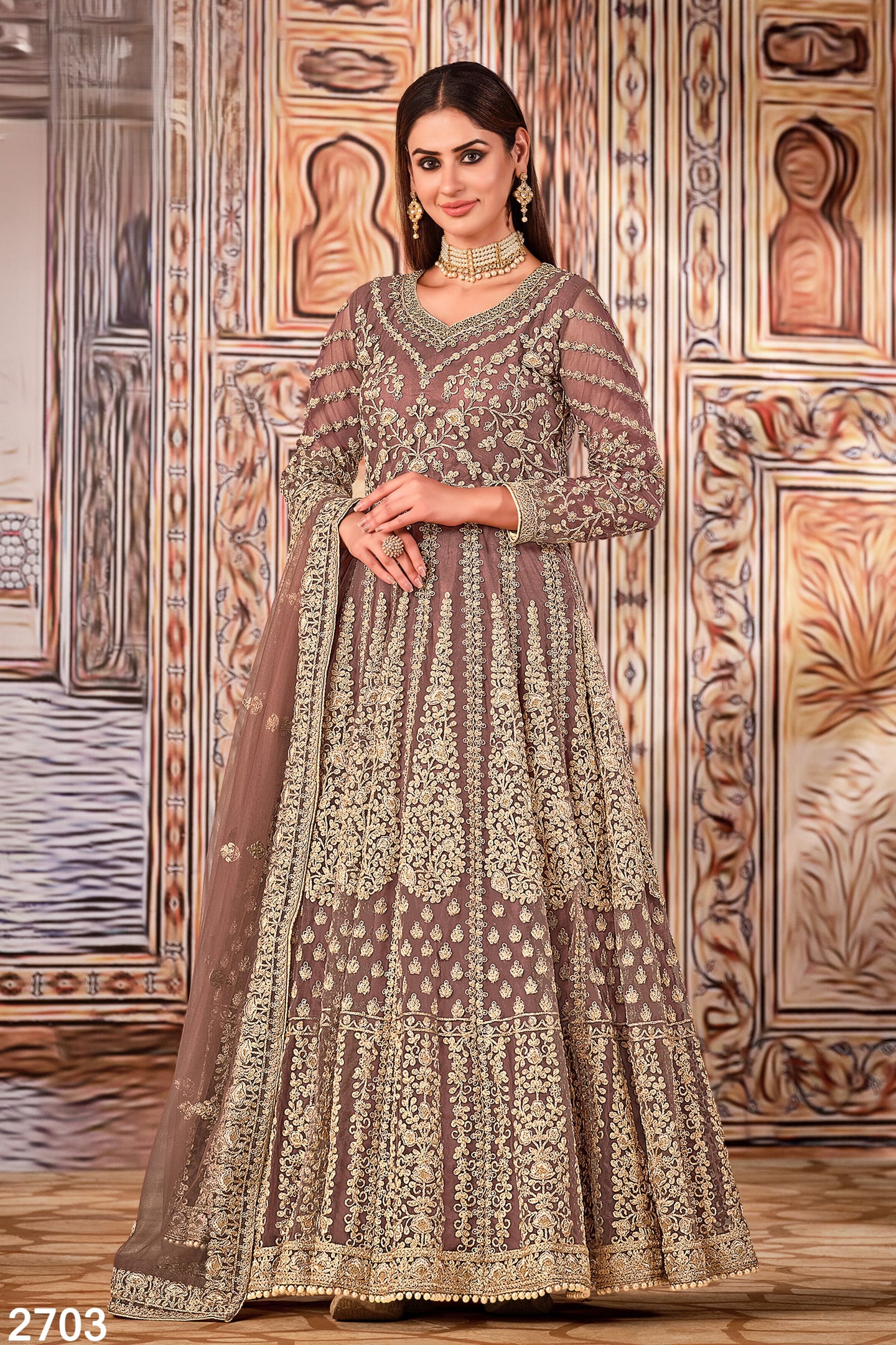 Dark Rose Art Silk Pakistani Anarkali Dress with Sequins and Thread Work