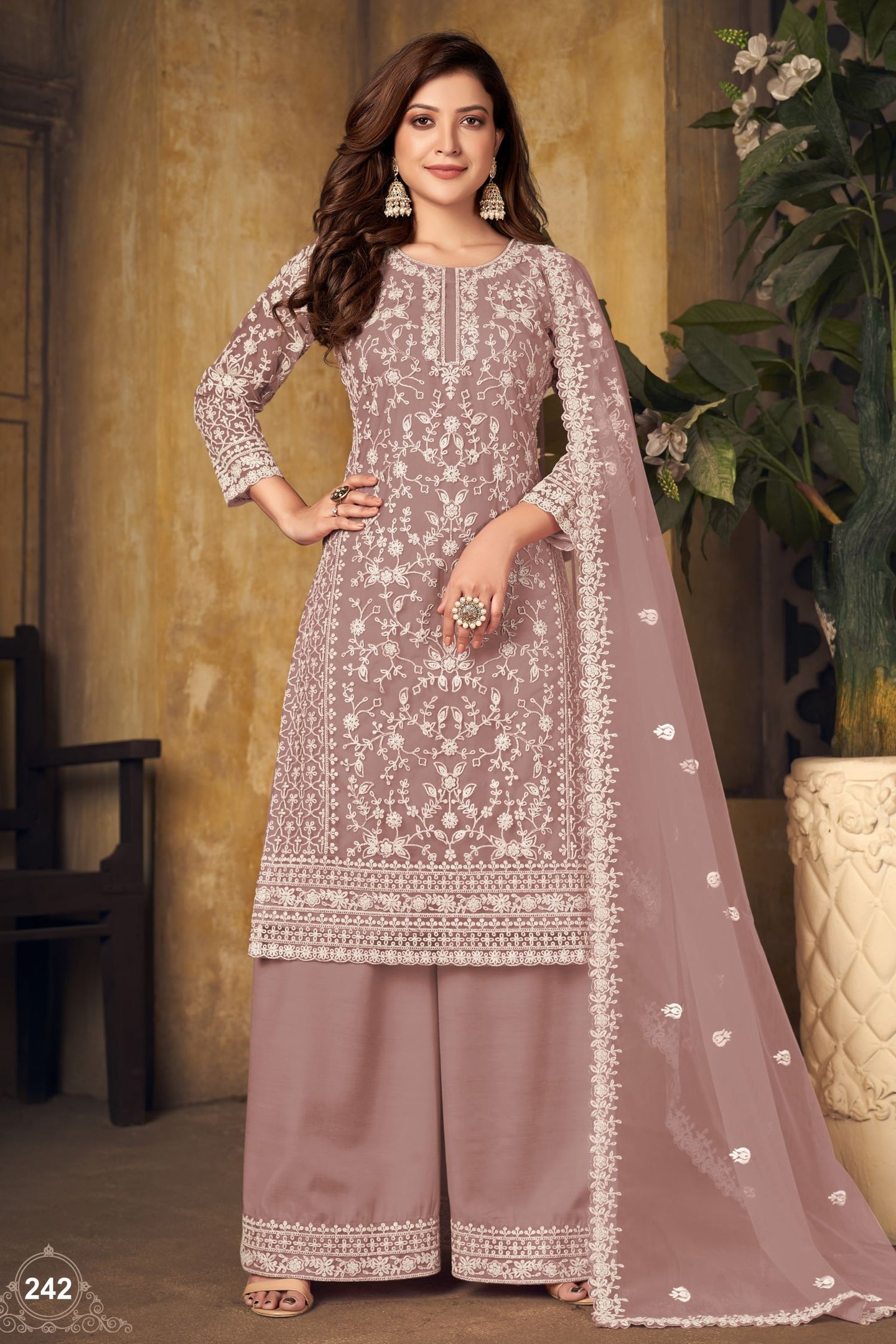 Rose Net Plazo with Thread Embroidery Sangeet Outfits for Women