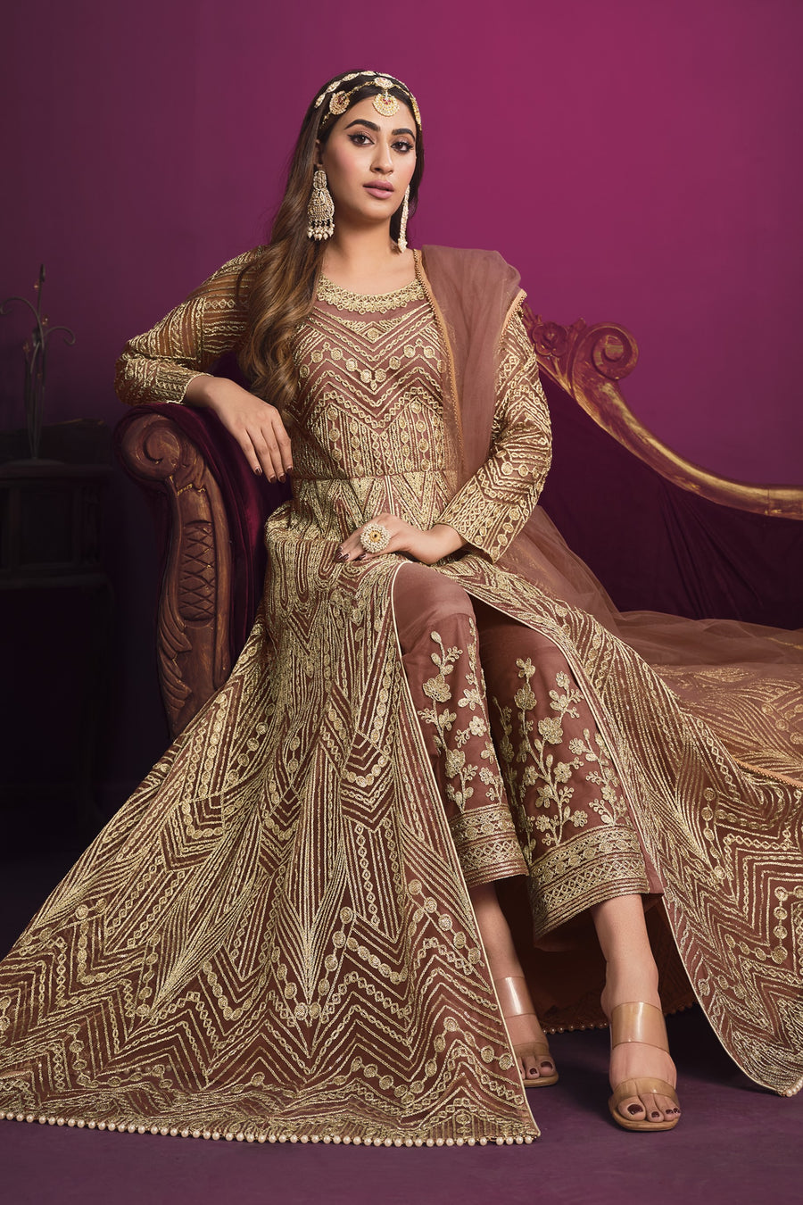 Rose Net Thread Embroidery Work Anarkali Indian Dresses for Women