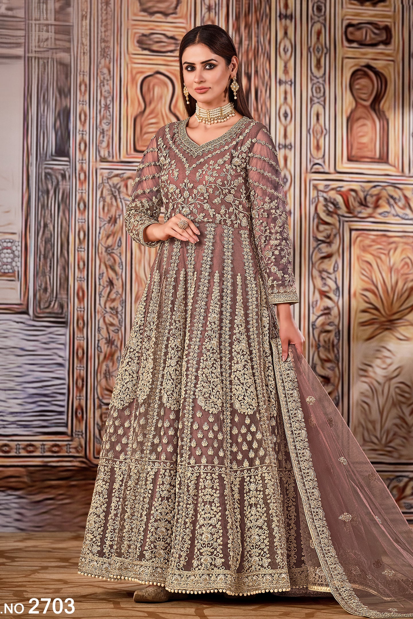 Dark Rose Art Silk Pakistani Anarkali Dress with Sequins and Thread Work
