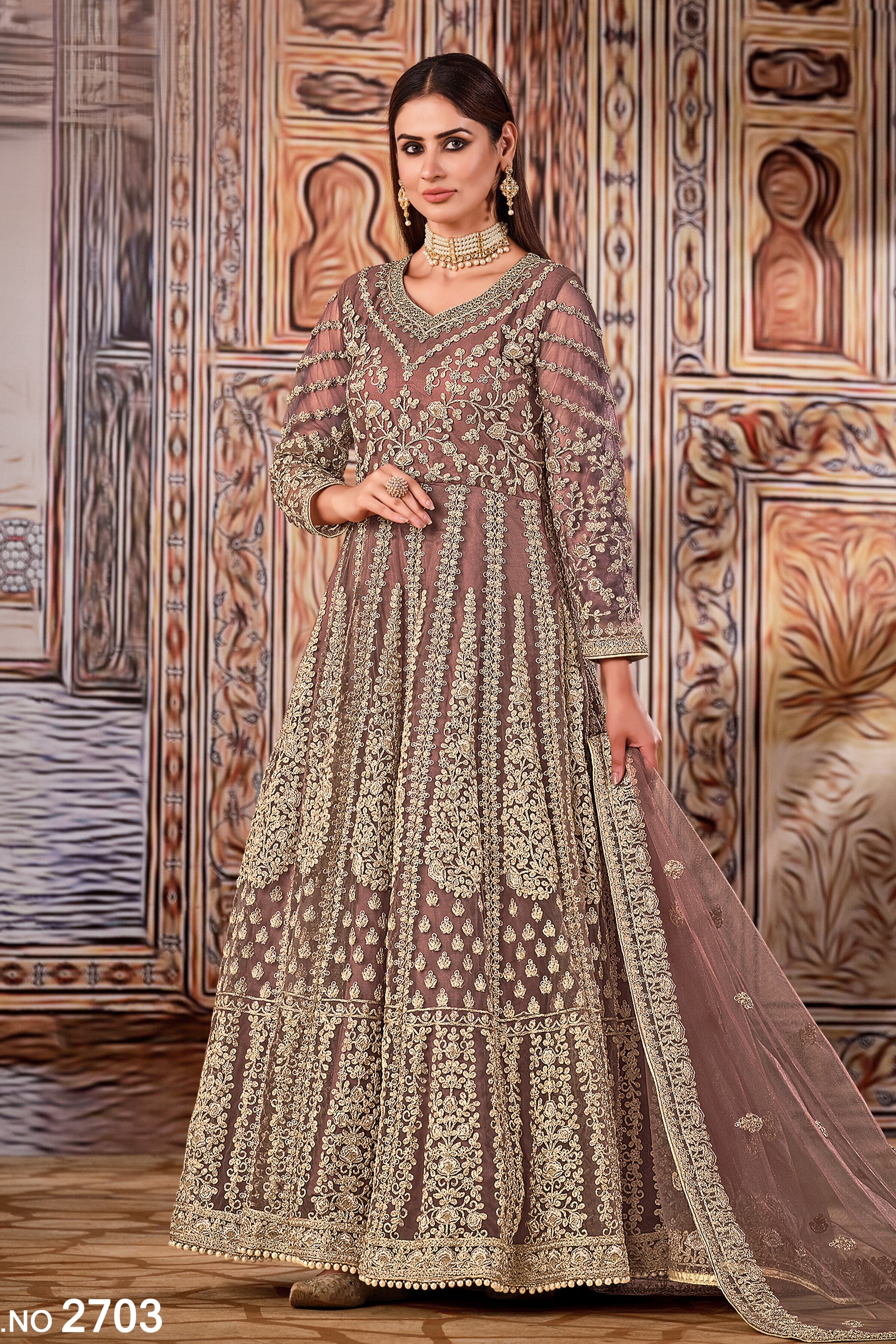 Dark Rose Art Silk Pakistani Anarkali Dress with Sequins and Thread Work