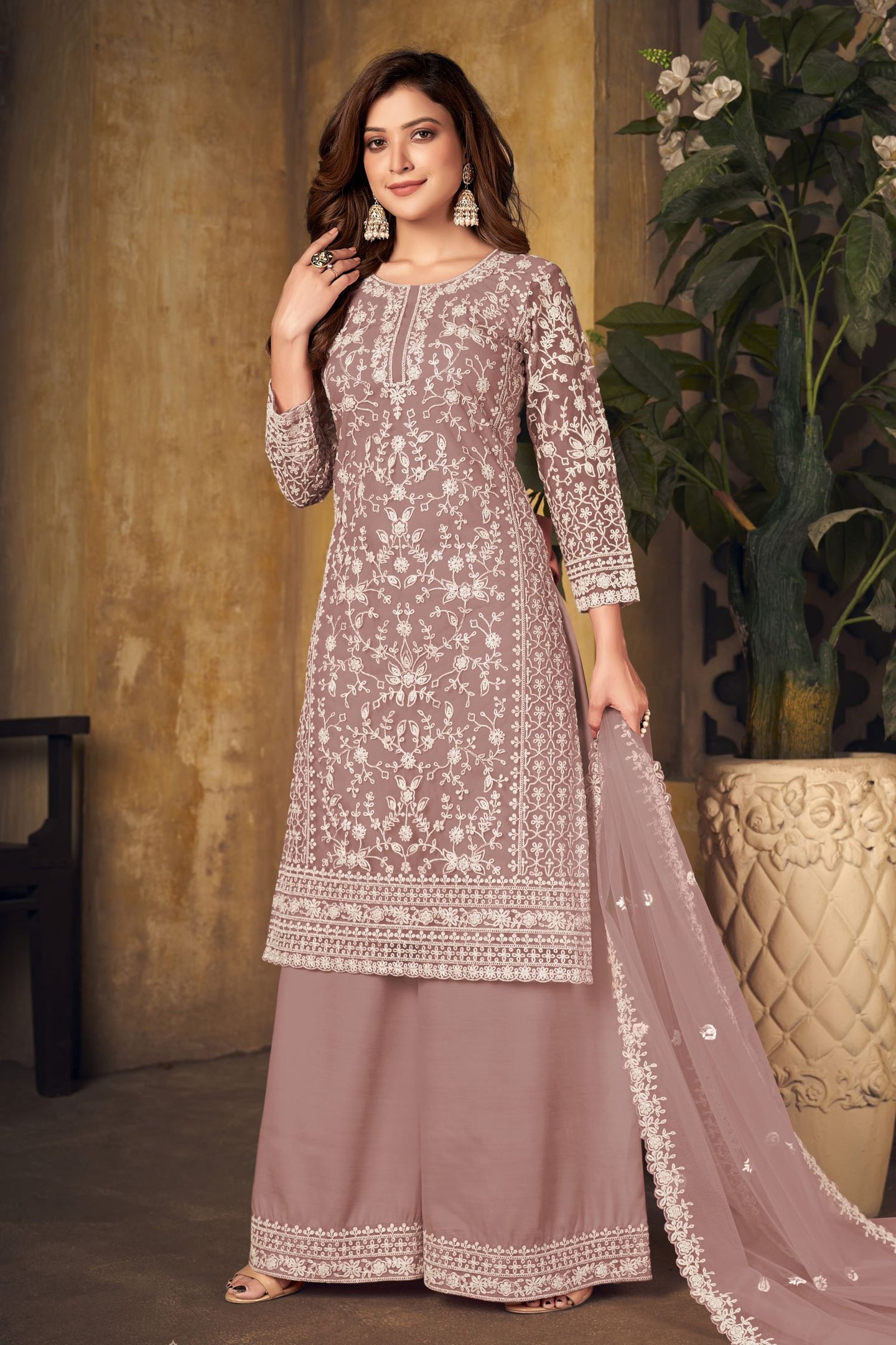 Rose Net Plazo with Thread Embroidery Sangeet Outfits for Women