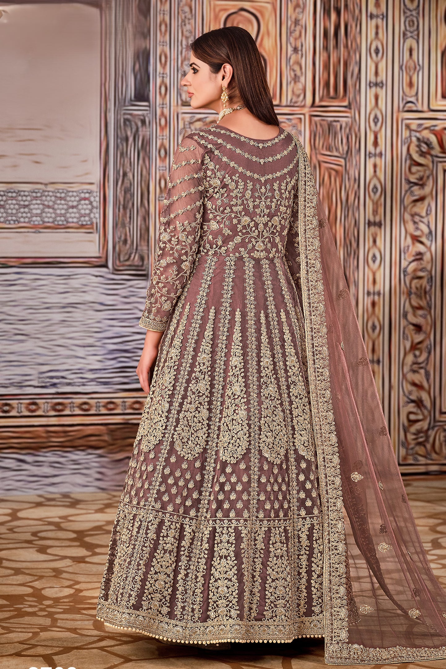 Dark Rose Art Silk Pakistani Anarkali Dress with Sequins and Thread Work