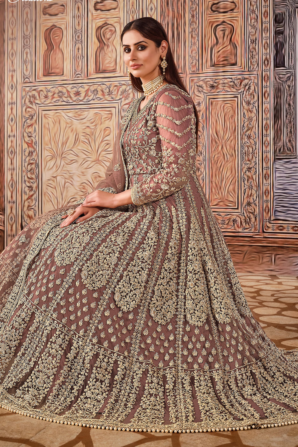 Dark Rose Art Silk Pakistani Anarkali Dress with Sequins and Thread Work