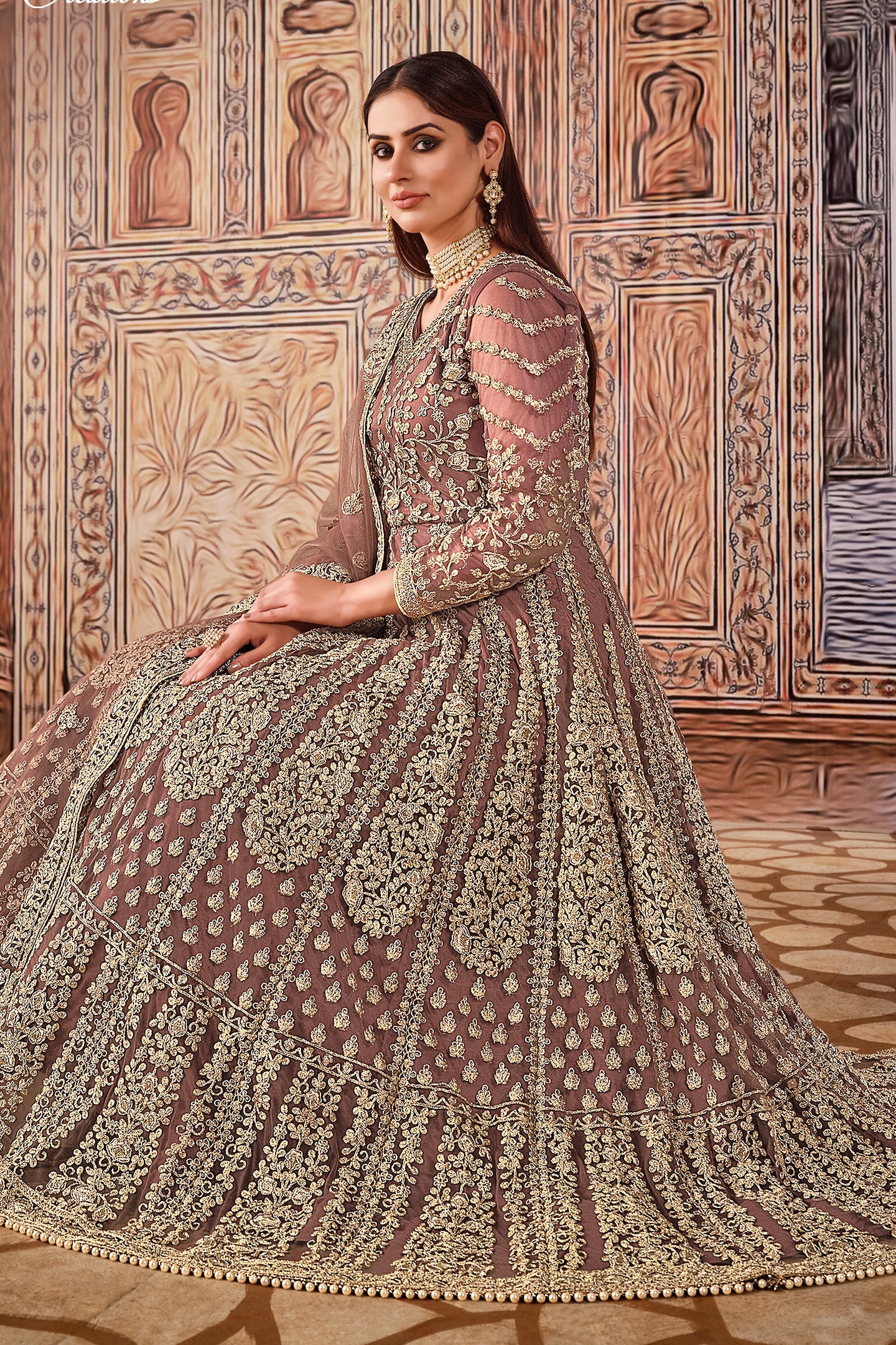 Dark Rose Art Silk Pakistani Anarkali Dress with Sequins and Thread Work