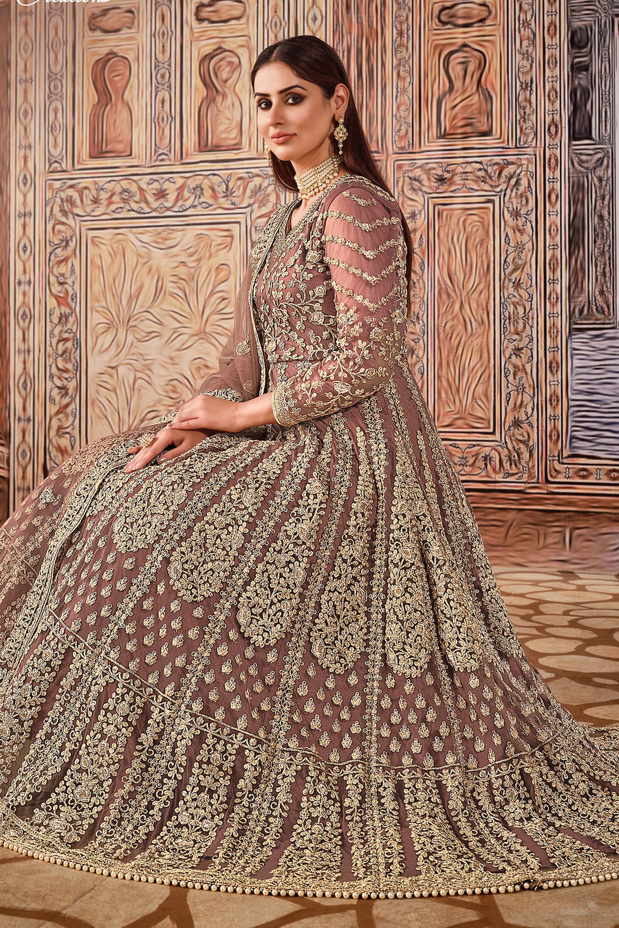 Dark Rose Art Silk Pakistani Anarkali Dress with Sequins and Thread Work
