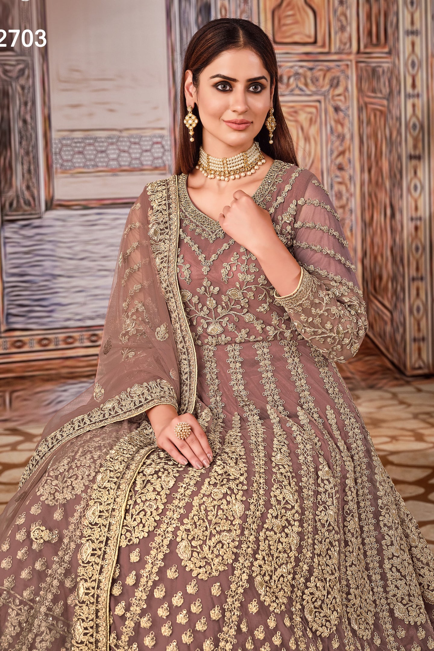 Dark Rose Art Silk Pakistani Anarkali Dress with Sequins and Thread Work