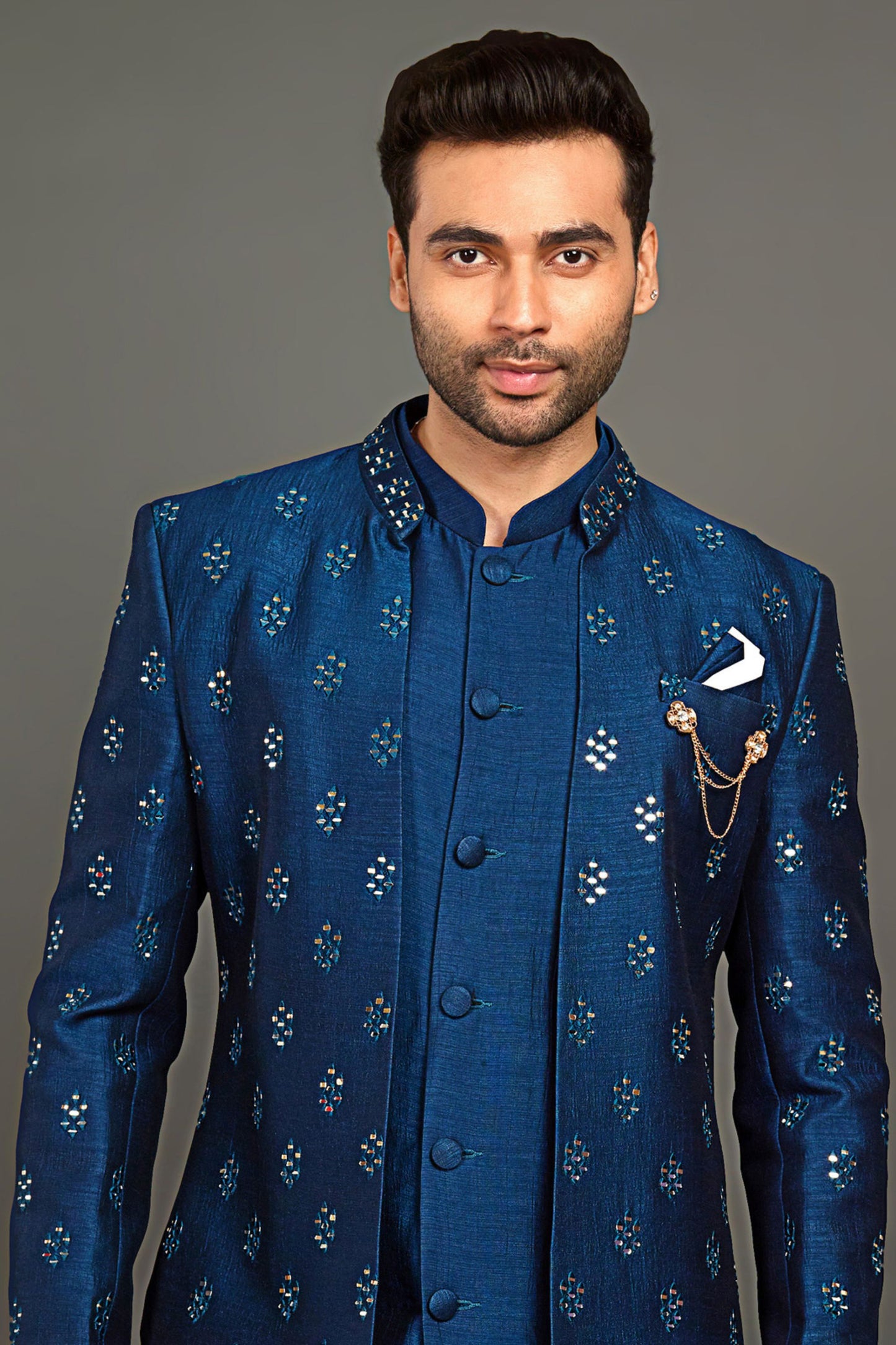 Royal Blue Cotton Silk Indowestern For Men Wedding - Embroidery Work, Resham Work, Mirror Work