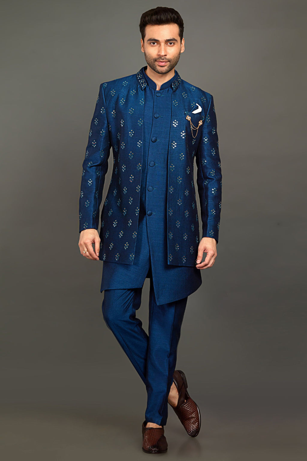 Royal Blue Cotton Silk Indowestern For Men Wedding - Embroidery Work, Resham Work, Mirror Work