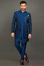 Royal Blue Cotton Silk Indowestern For Men Wedding - Embroidery Work, Resham Work, Mirror Work