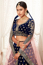 Royal Blue Velvet Ghagra Choli with Zari and Sequins Embroidery Work