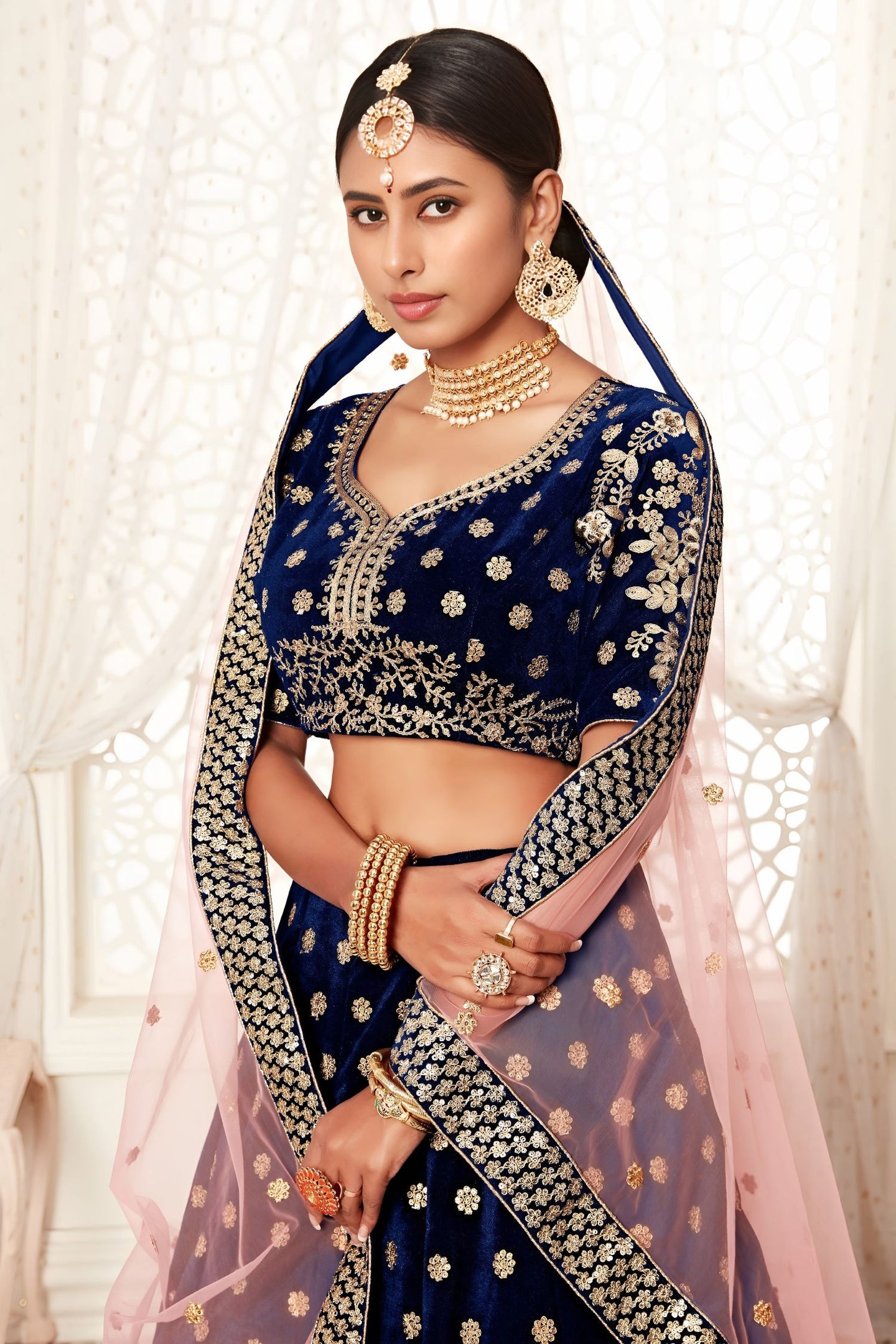 Royal Blue Velvet Ghagra Choli with Zari and Sequins Embroidery Work