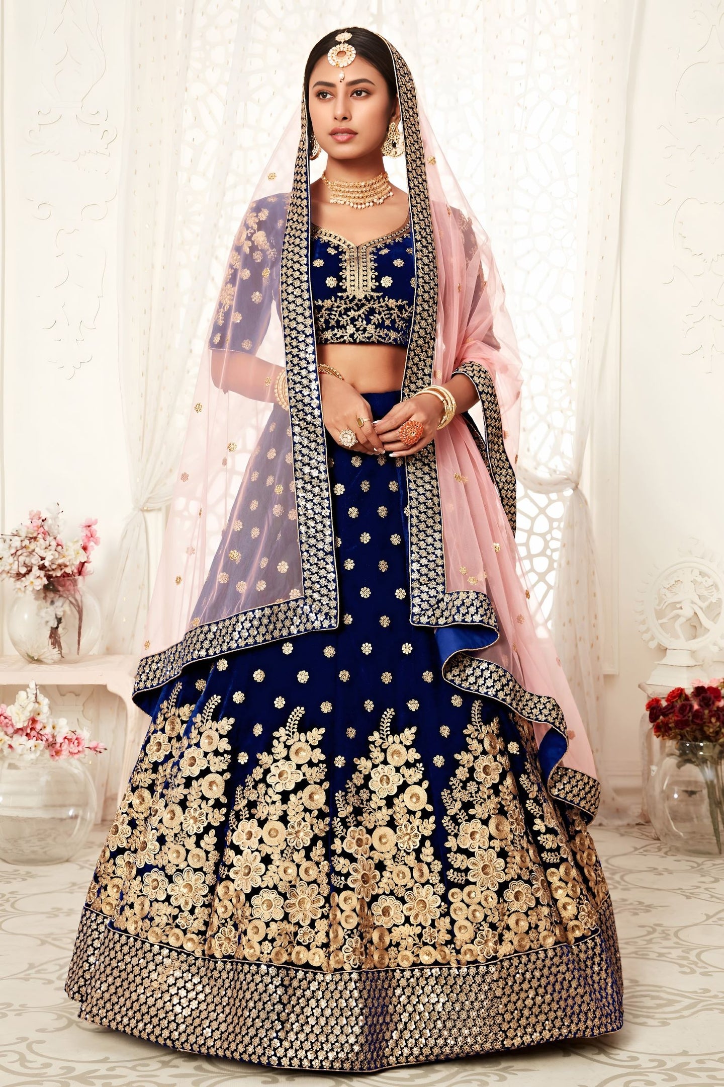 Royal Blue Velvet Ghagra Choli with Zari and Sequins Embroidery Work