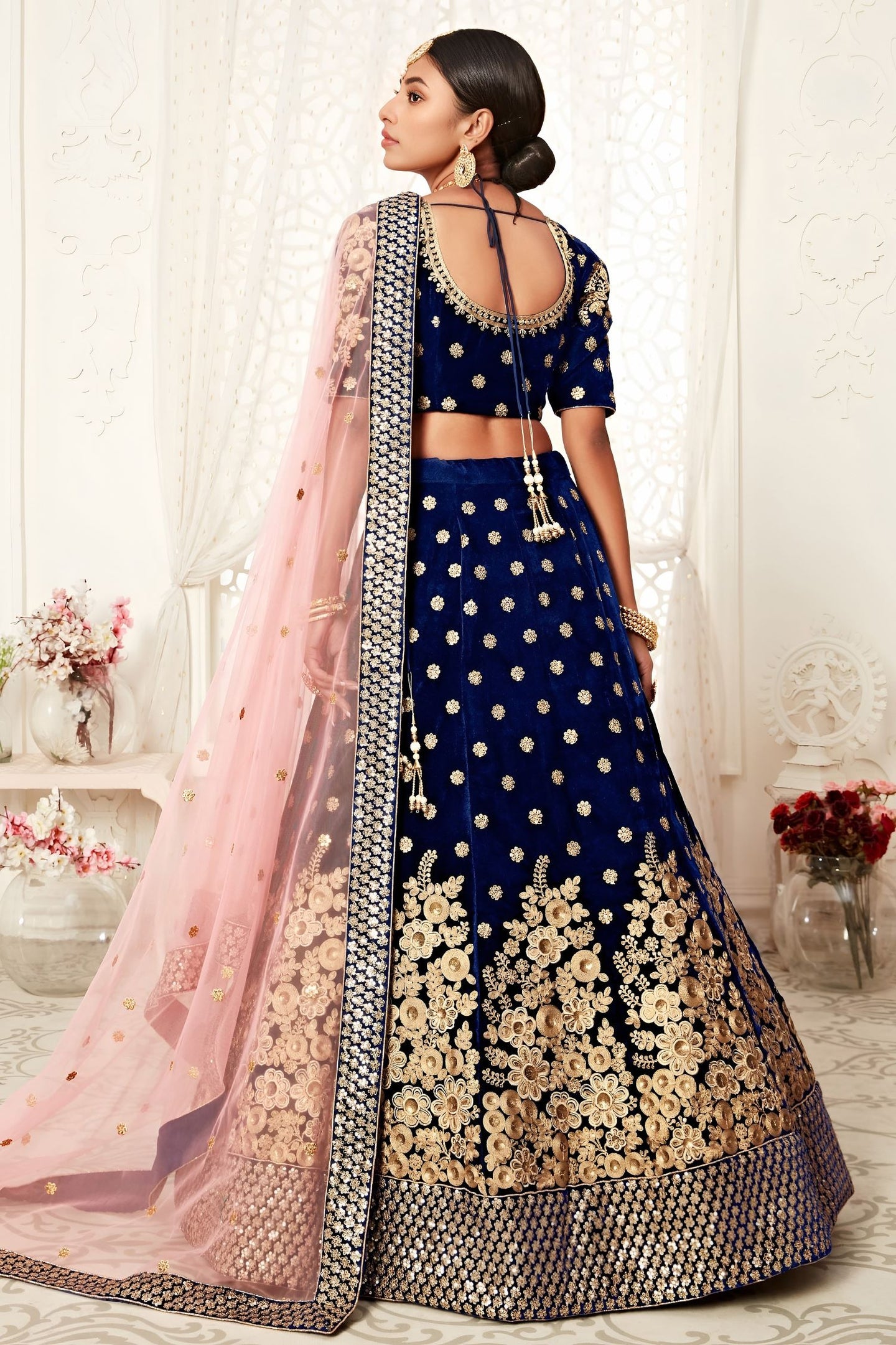 Royal Blue Velvet Ghagra Choli with Zari and Sequins Embroidery Work