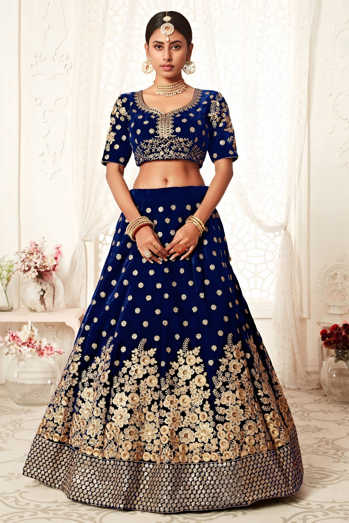 Royal Blue Velvet Ghagra Choli with Zari and Sequins Embroidery Work