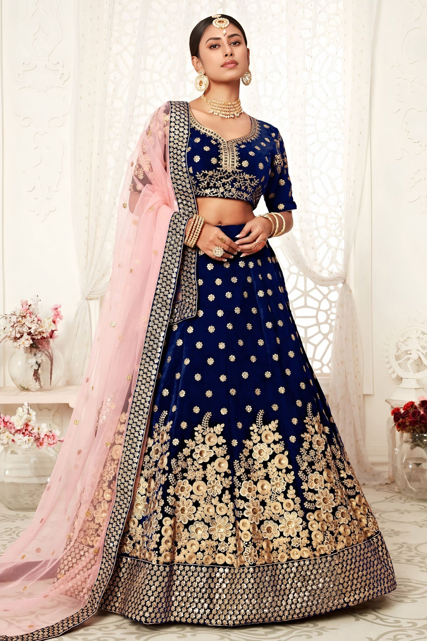 Royal Blue Velvet Ghagra Choli with Zari and Sequins Embroidery Work