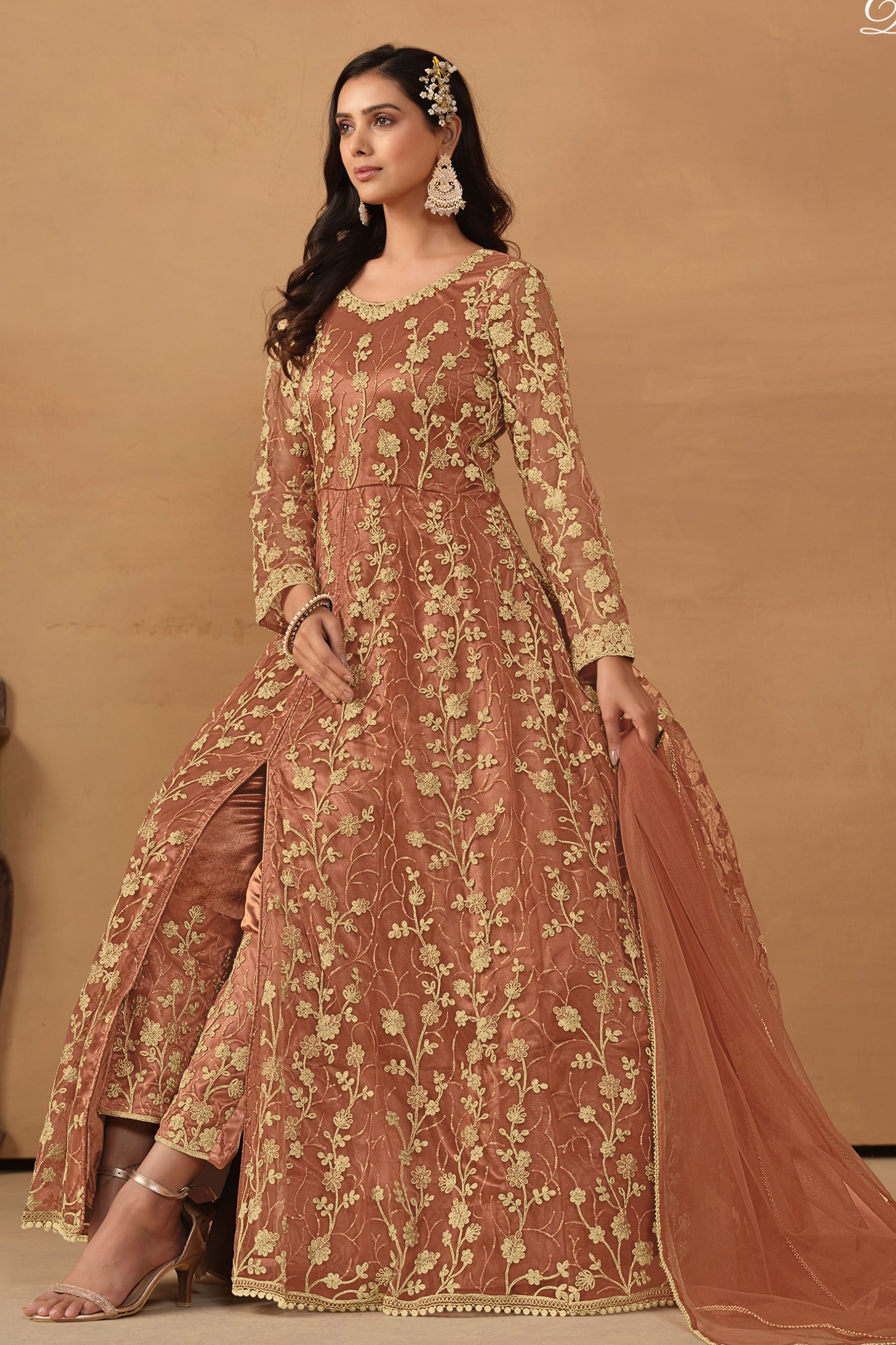 Rust Brown Net Full Length Anarkali Dress with Front Slit For Indian Festivals & Weddings - Thread & Sequence Embroidery Work