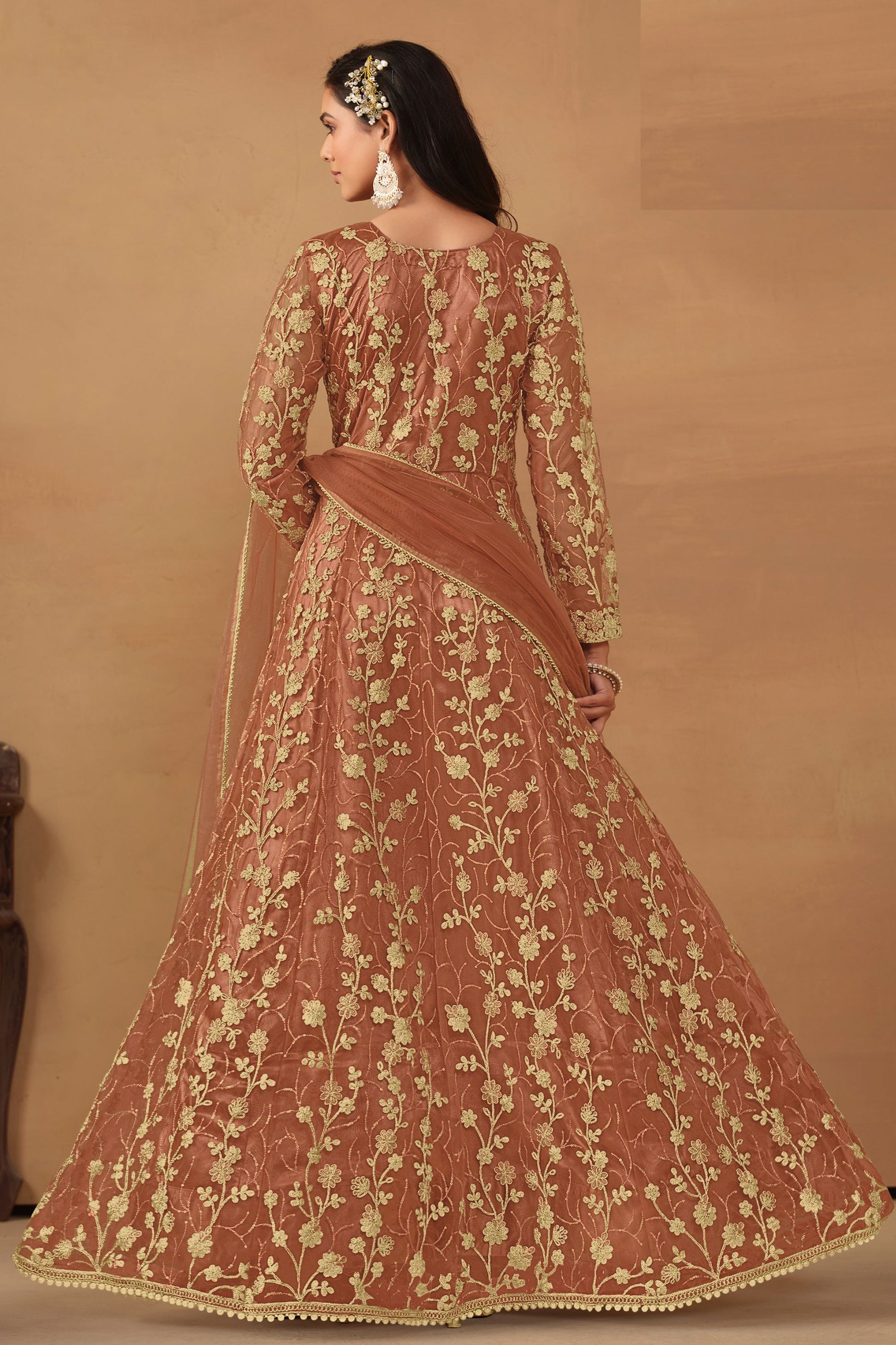 Rust Brown Net Full Length Anarkali Dress with Front Slit For Indian Festivals & Weddings - Thread & Sequence Embroidery Work